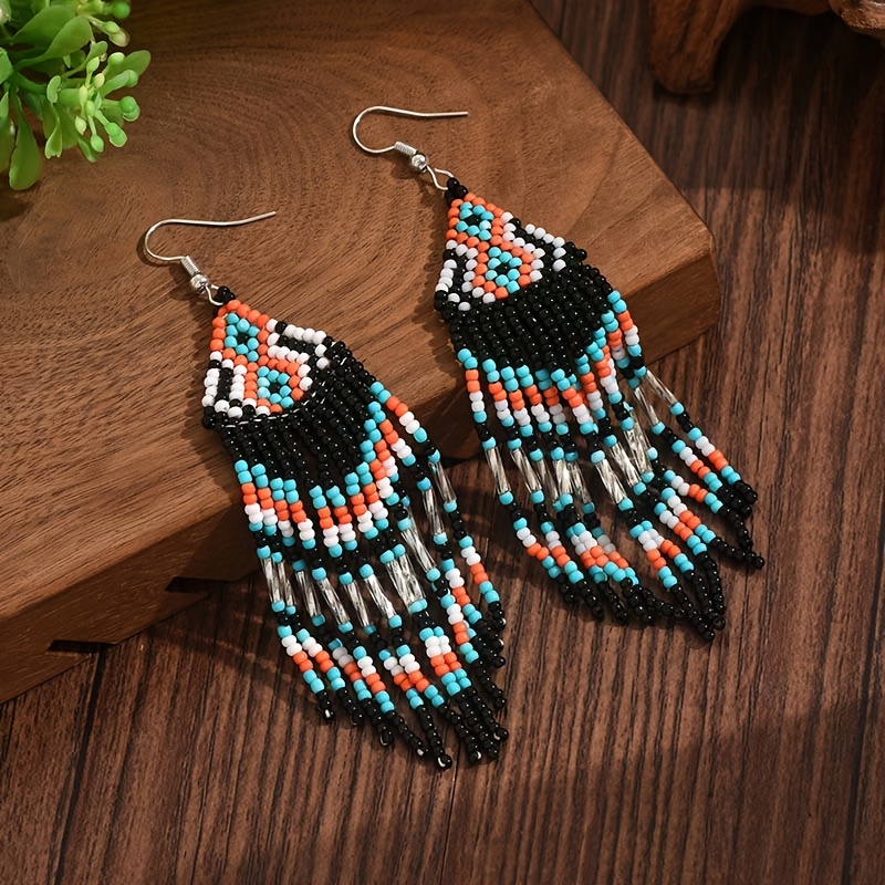 Ethnic-Style Long Geometric Tassel Seed Bead Earrings